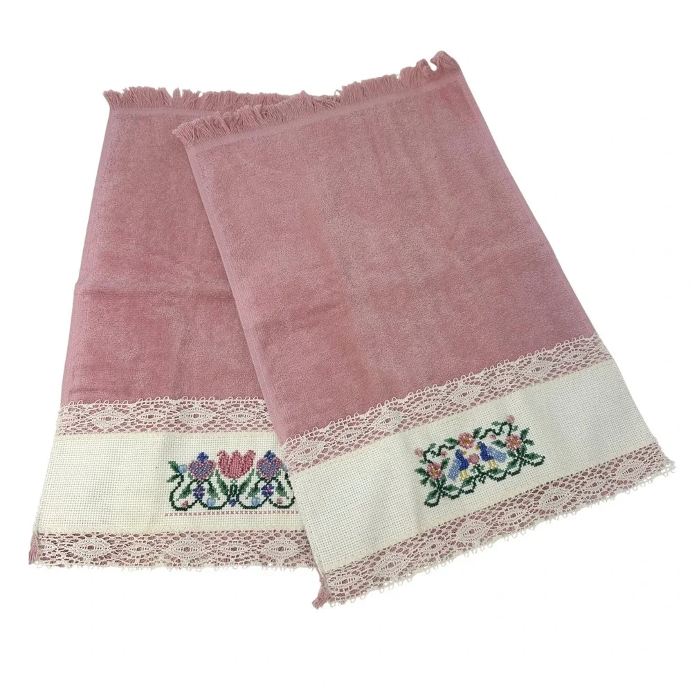Coquette Grandmacore Cottagecore Cross Stitch Beaded Hand Towels Pink Set of 2